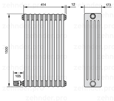 Схема (чертеж) Радиатор Zehnder Charleston 5150/9 №V004 Белый глянцевый RAL 9016